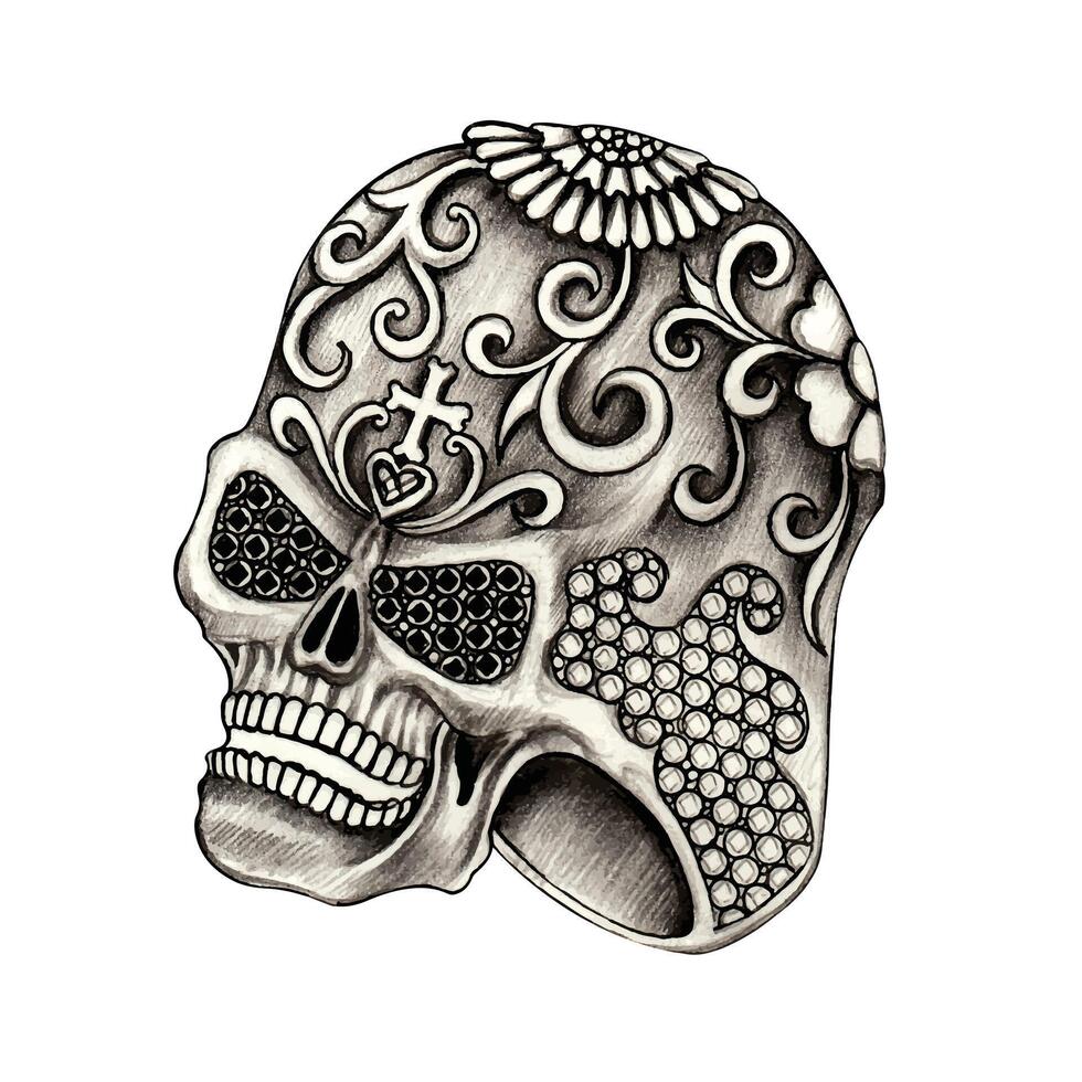 Ring sugar skull jewelry design set witn diamond sketch by hand drawing on paper vector