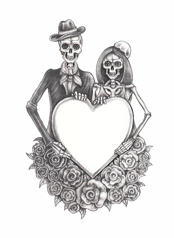 Skeleton lovers couple valentine day for layout design by hand drawing on paper. vector