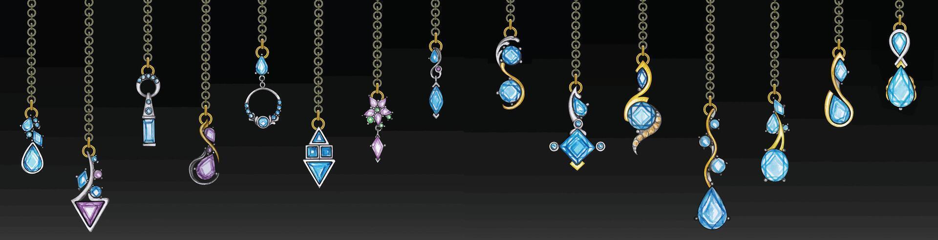 Pendant necklace modern art jewelry design set with fancy gems sketch by hand drawing. vector