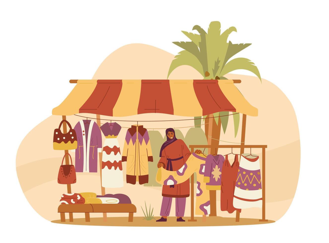 Middle Eastern traditional clothes shop with woman seller flat vector illustration.