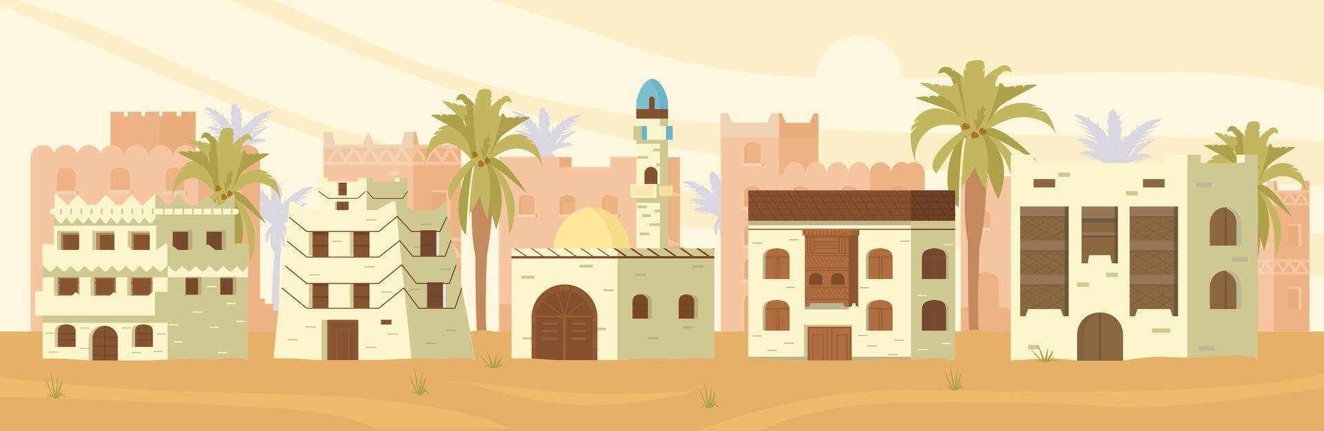 antiguo árabe ciudad Desierto paisaje con No personas plano vector horizontal bandera.