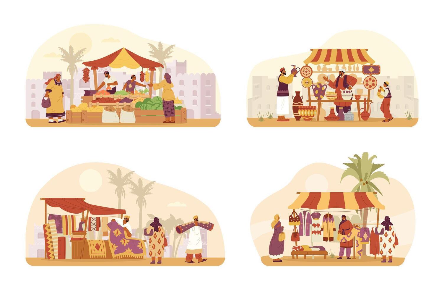 Middle Eastern bazzar scenes with authentic street stalls with sellers and buyers and ancient city at the background vector illustrations set.