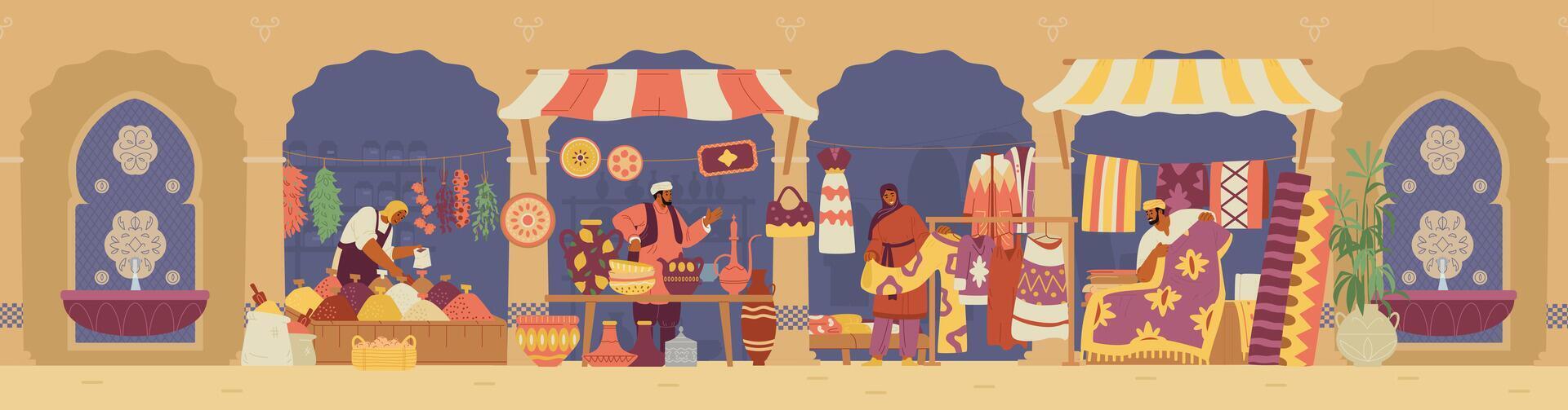 Arabian street bazaar with sellers with pottery, carpets, clothes and spices stalls vector horizontal banner.