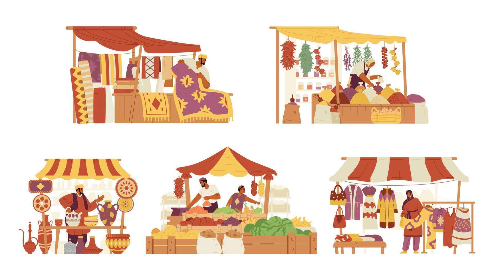 Vector set of exotic street shops with sellers in flat style.