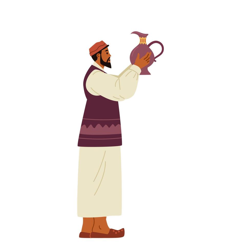 Middle Eastern man in traditional clothes watches ceramic vase flat vector illustration isolated on white.