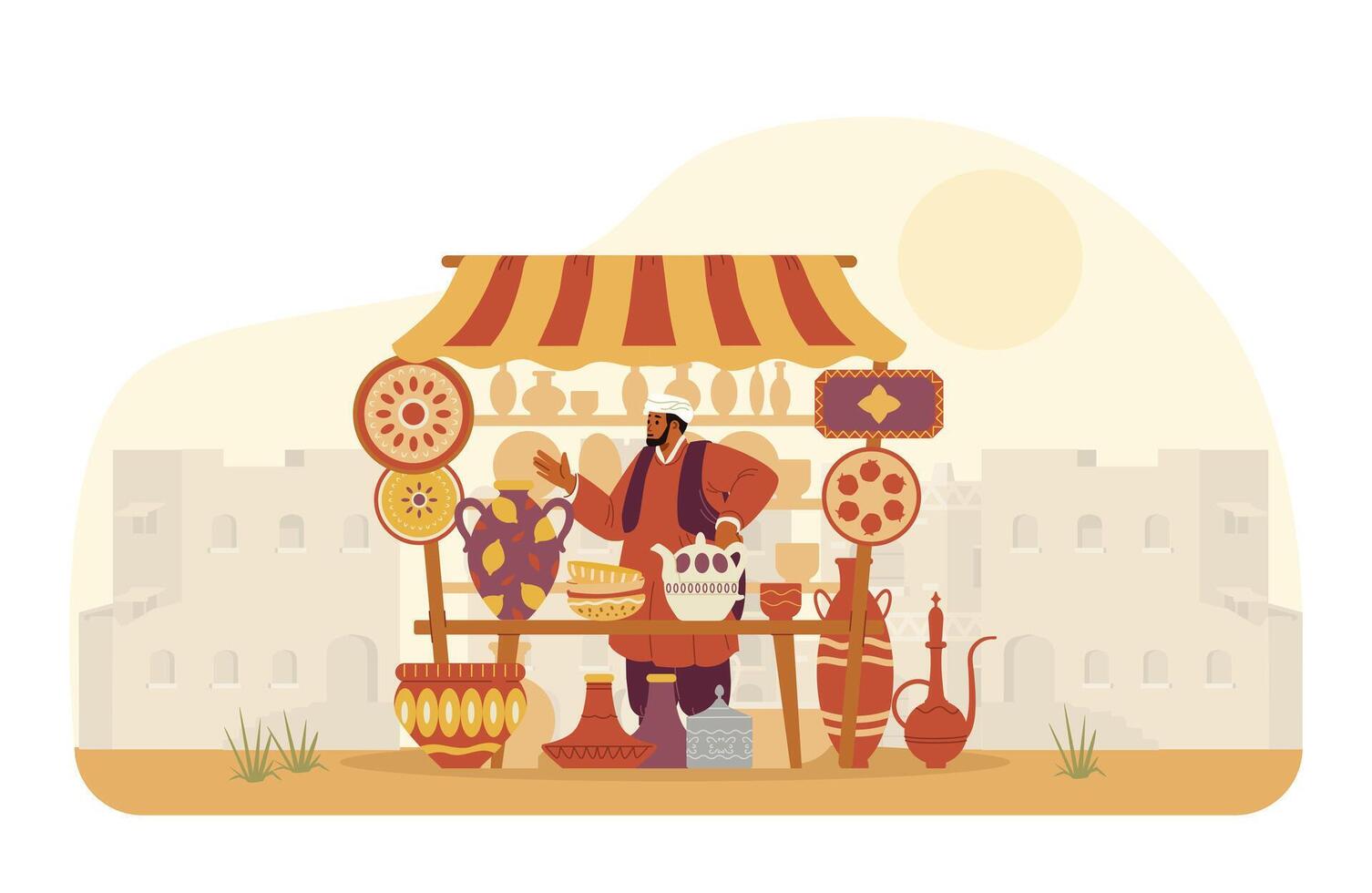 Middle Eastern pottery street shop with seller and ancient city at the background flat vector illustration.