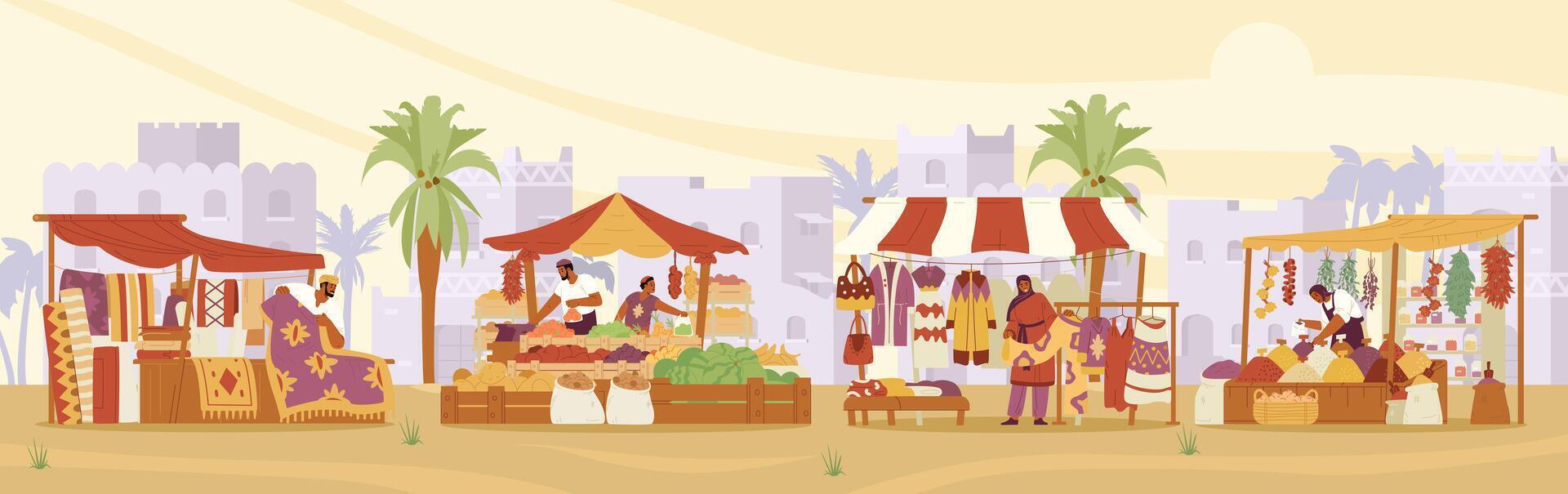Arabian street bazaar with sellers with carpets, clothes and spices stalls horizontal banner. Middle Eastern market with ancient city at the background flat vector illustration.