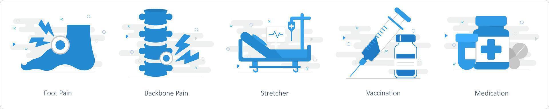 A set of 5 Mix icons as foot pain, backbone pain, stretcher vector