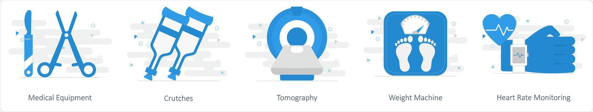 A set of 5 mix icons as medical equipment, crutches, tomography vector