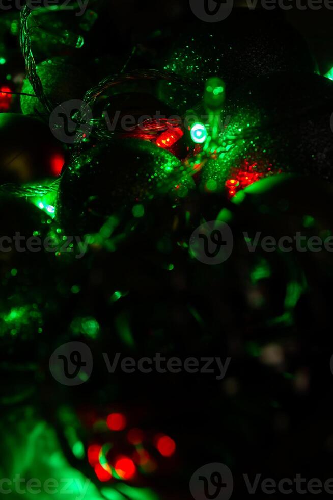 christmas background with bubbles, colorful christmas lights, christmas decorations photo