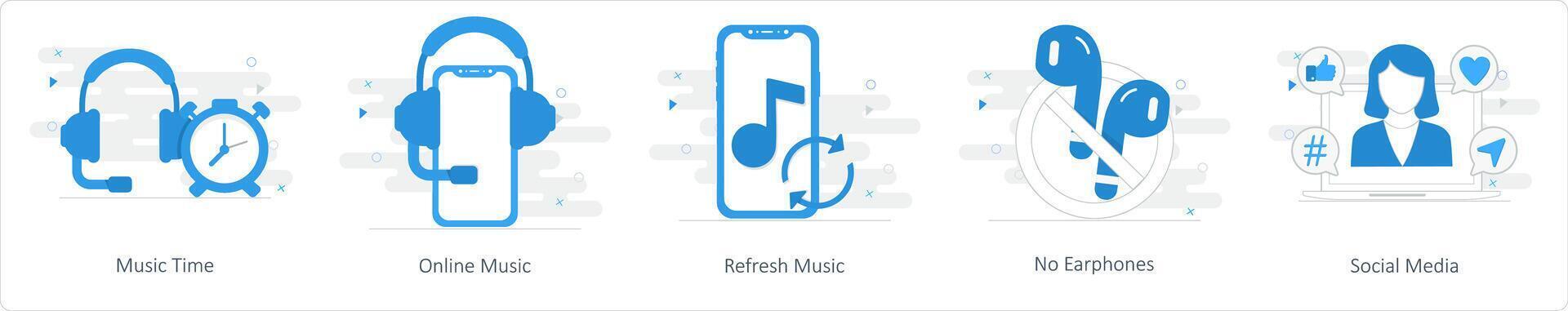 A set of 5 Mix icons as music time, online music, refresh music vector