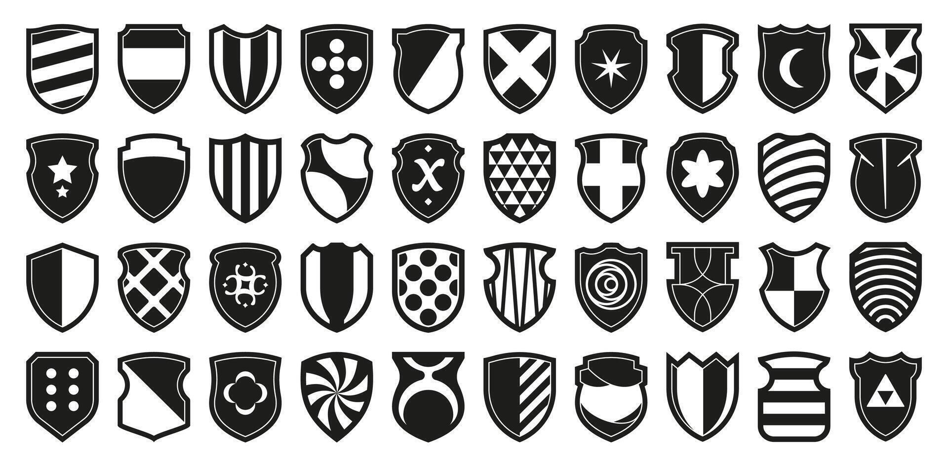 Heraldic shields logo. Army security and military badge icons, game clans and royal army individual symbol, protection concept. Vector certificate and award icon set