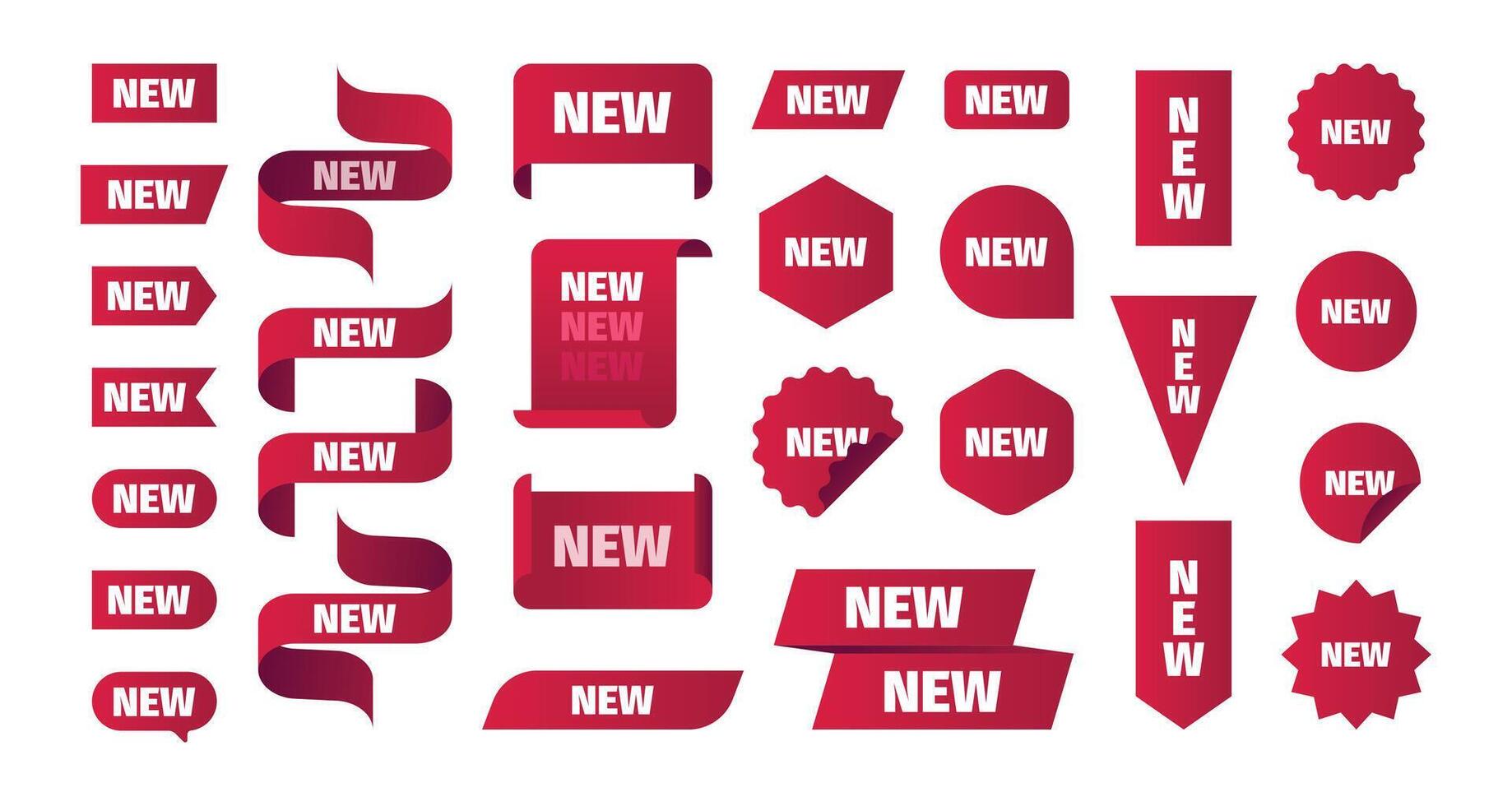 nuevo etiquetas. dibujos animados rojo pegatinas con mensaje, plano redondo esquina símbolos para descuento oferta, Al por menor pegatina equipo. vector plano nuevo bandera conjunto