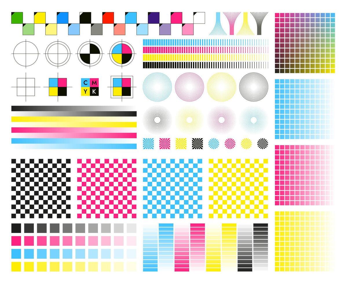 Printing CMYK marks. Color calibration plate with registration marks for press printing, prepress plate. Vector swatch set
