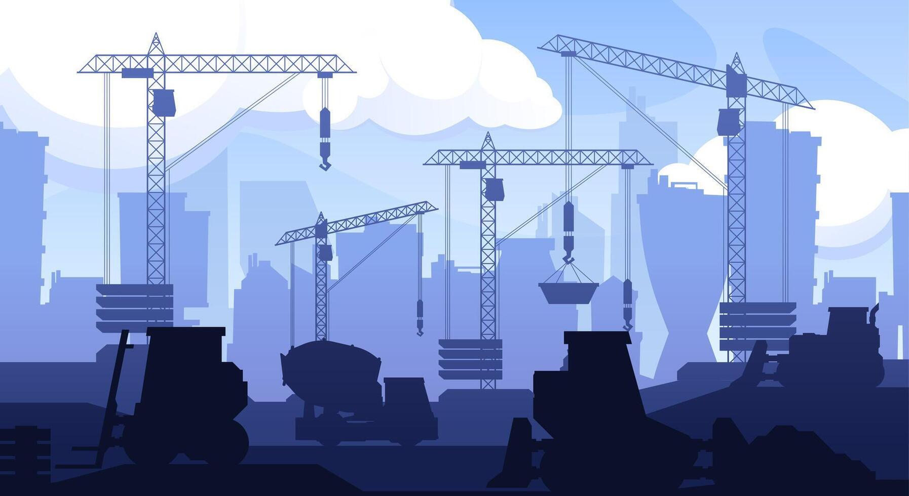 Panoramic construction with machinery. Earth moving equipment, dump truck crane loader, mining vehicle flat style. Vector isolated illustration