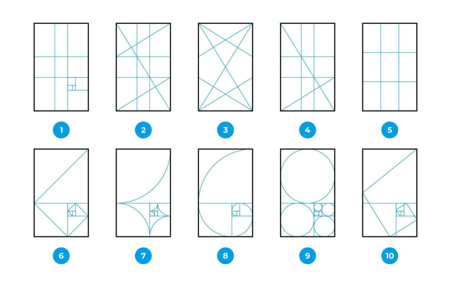 composición normas. geométrico fórmula matemáticas Ciencias diagramas, dorado proporción y regla de tercios, fibonacci secuencia 1. 618 dimensiones, fractal geometría. vector conjunto