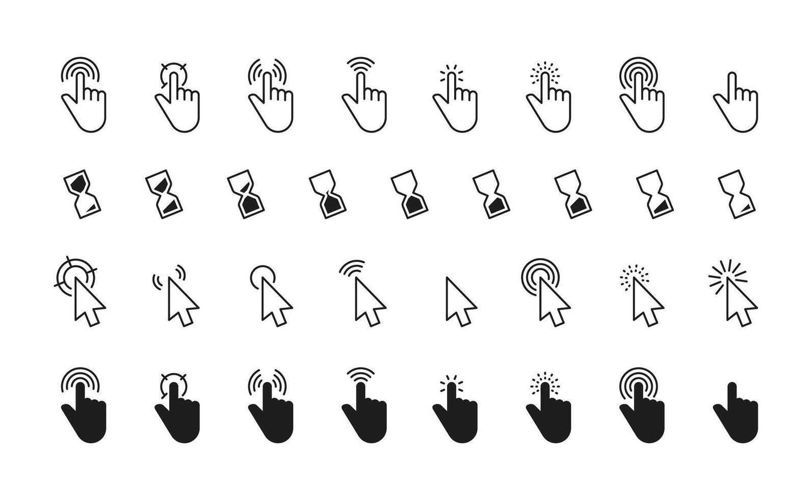 Black cursor icons. Interface mouse click pointers flat style, simple finger pointers computer arrow silhouettes swipe touch web buttons. Vector isolated set