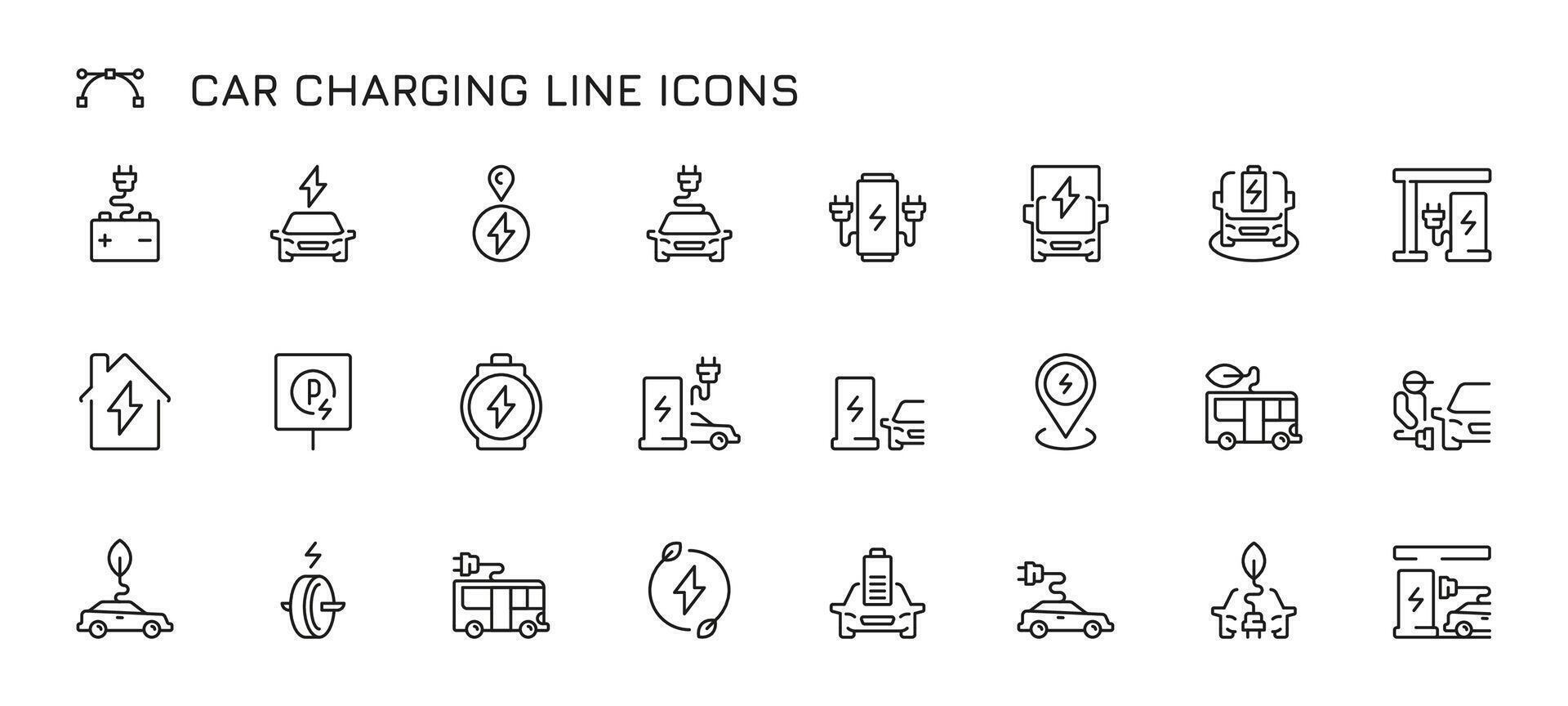 Car charging line icons. Electric vehicle charging line, electric car battery range and time, eco friendly transport concept. Vector set