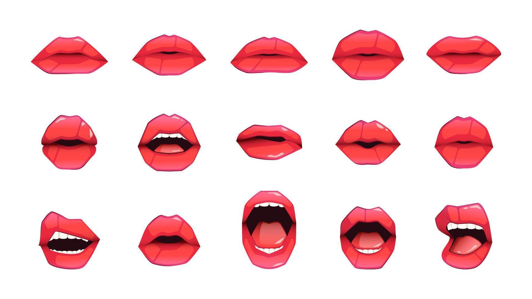 Woman lips. Female plump mouth with glossy lipstick, girl sexy impudent smile kiss lip makeup flat cartoon style. Vector isolated set