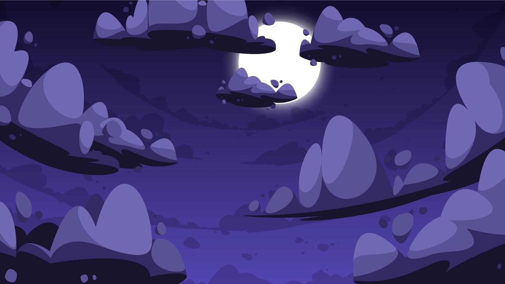Cartoon night sky. Summer evening scene with stars and moon, summer night panoramic view with clouds and fog. Vector banner illustration of nature
