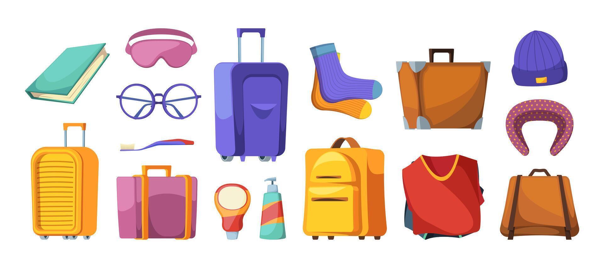 Travel luggage stuff. Cartoon summer vacation luggage with sunglasses socks head pillow and toothbrush, flat bags with items on luggage. Vector illustration