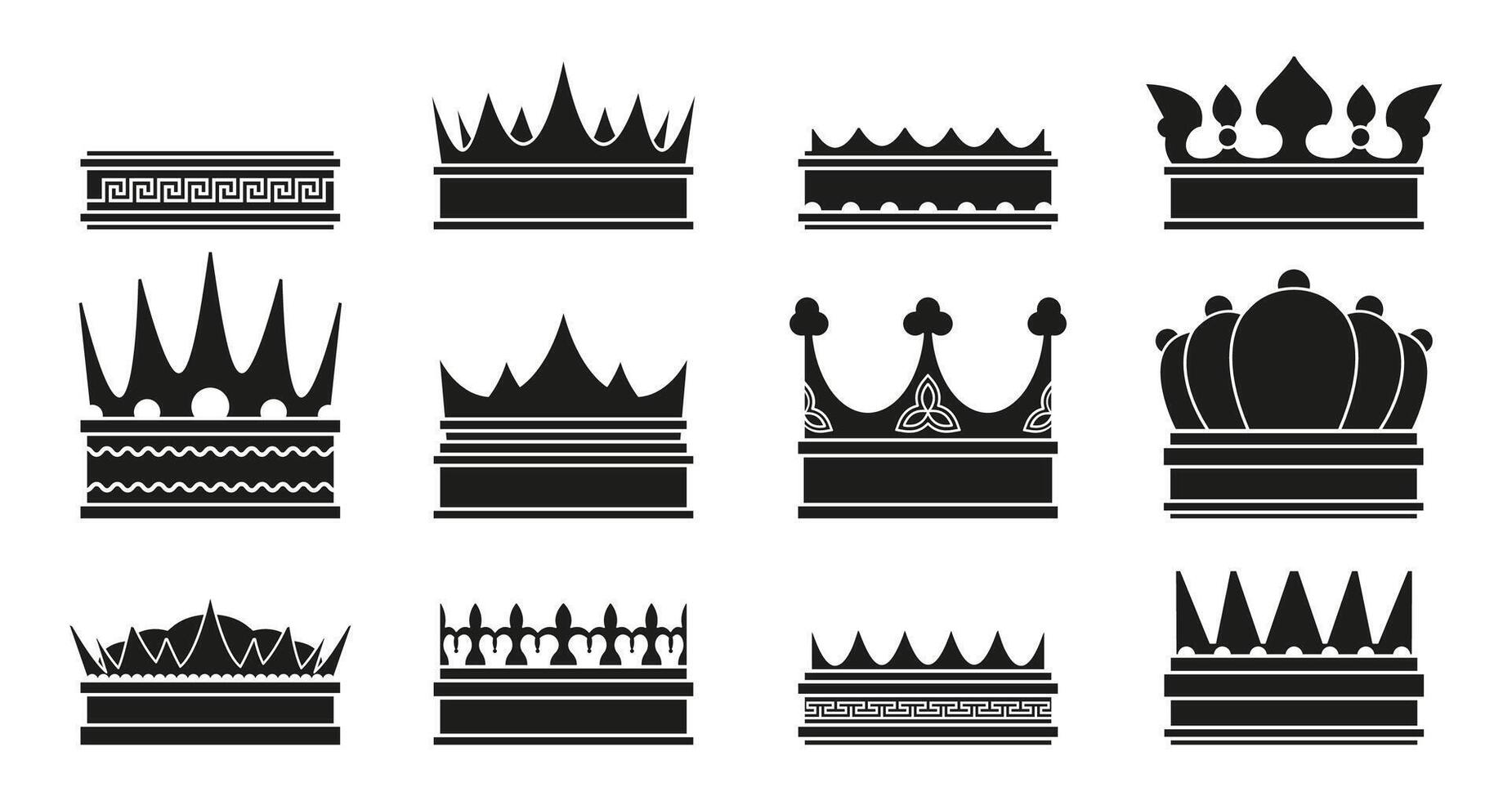 Black king crown. Medieval nobleman ranking emblem silhouette, luxury monarchy insignia, success and victory award. Vector isolated set