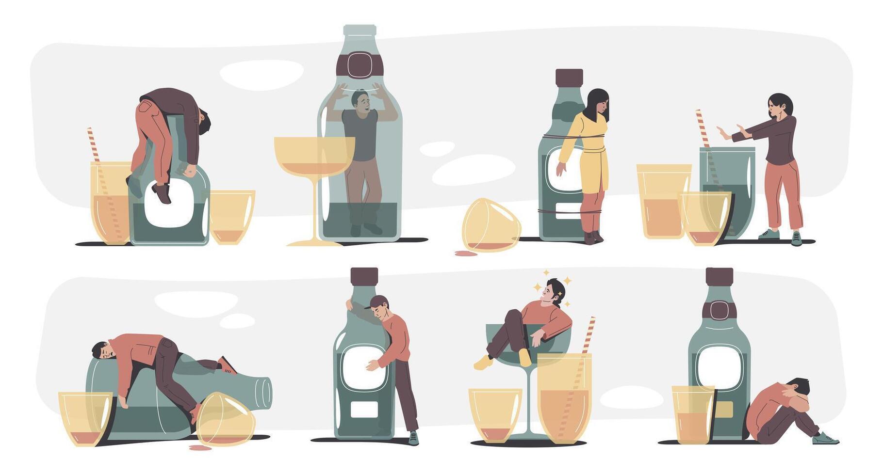 Alcohol addiction concept. Cartoon drunk people lying on floor, flat drunk people drinking beer and wine, cartoon alcoholic people with hangover. Alcoholism vector set