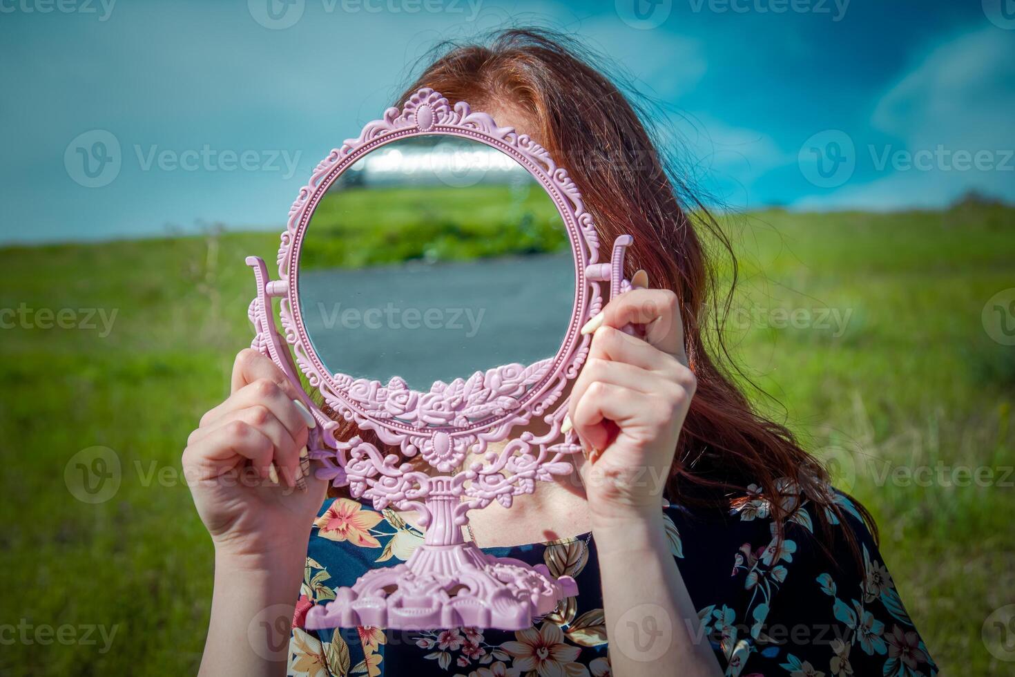 red haired woman in the park, pretty woman in the nature photo