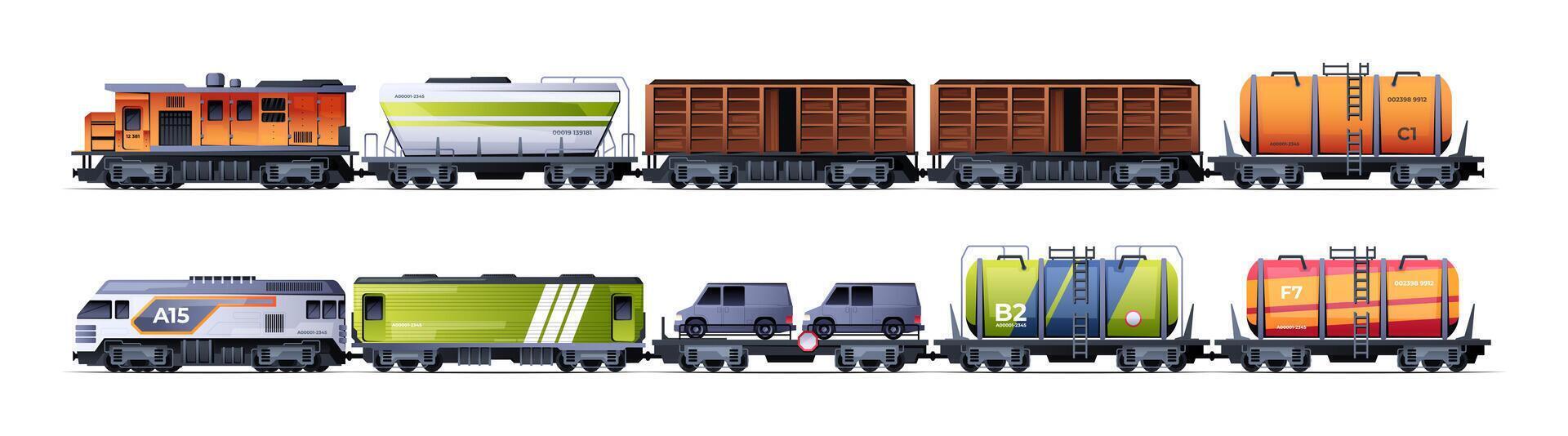 Cargo train. Cartoon freight delivery transport locomotive wagon carriage with containers, railroad transport service with goods transportation. Vector collection