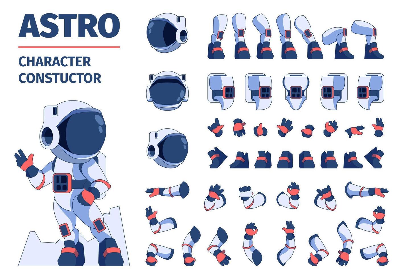 Astronaut constructor kit. Cartoon space character body parts for animation sequence, arms legs and heads, astronauts in spacesuits. Vector sprite collection