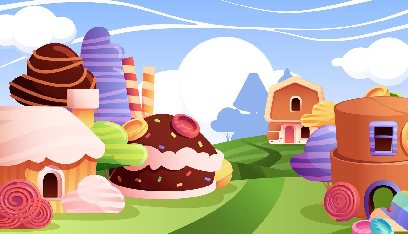 Cartoon candy house background. Sweet fairy buildings of cookies and candy, fantasy fairytale landscape with cake buildings sugar trees. Vector background