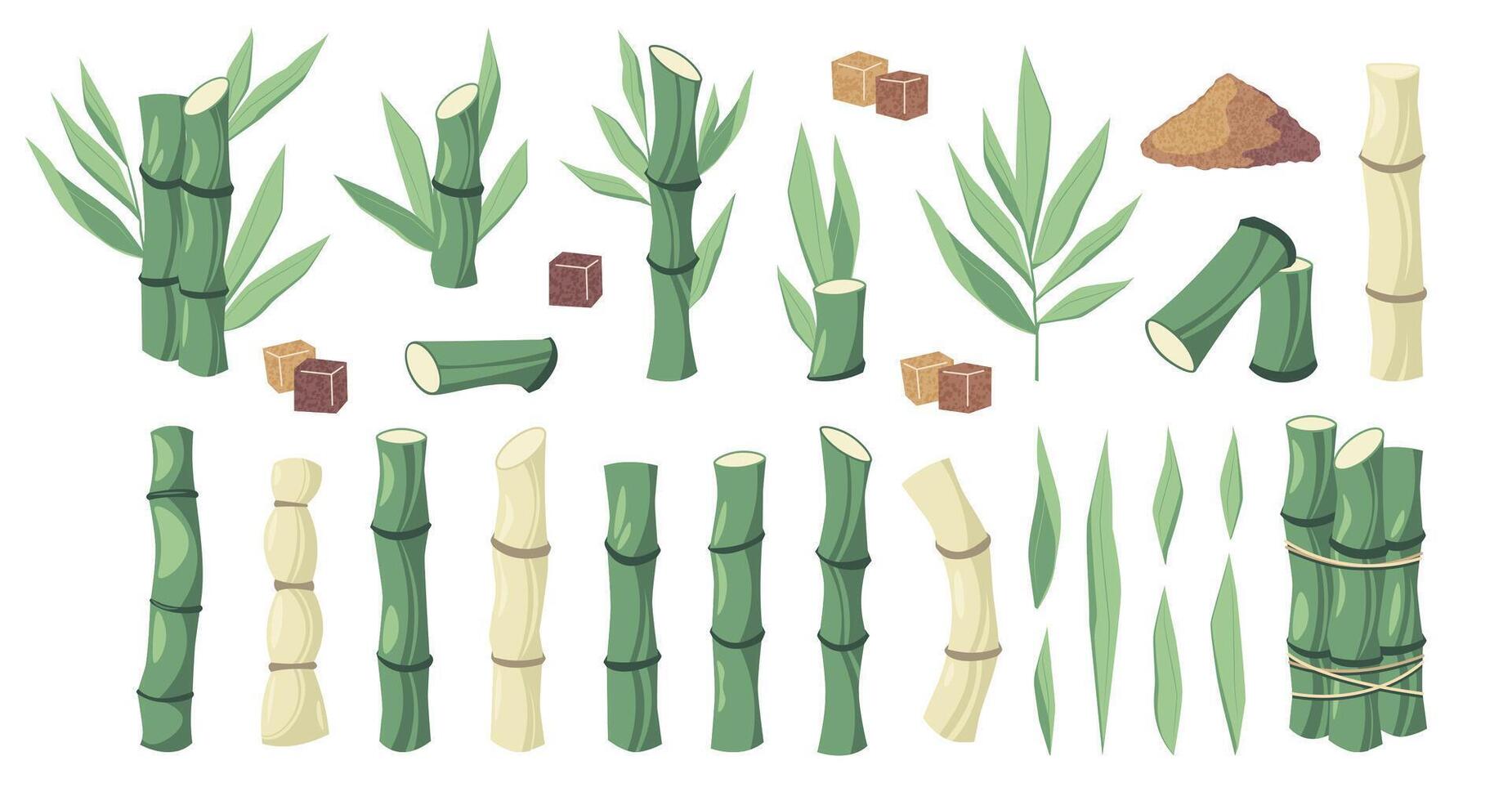 Cartoon sugar cane. Sweet stalks of sugarcane juice, organic raw material for sugar production, agriculture plantation and bio industry concept. Vector set