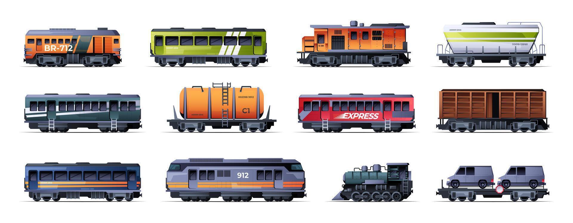Cargo wagons. Cartoon transport wagon with cargo and containers, flat transport industrial van with cargo and goods. Vector isolated set