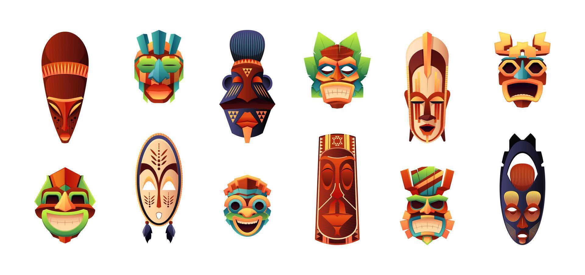 africano ritual máscaras tradicional ceremonial tribal humano cara conformado tótems, indígena gente decorativo zoomórfico bozal dibujos animados estilo. vector plano conjunto