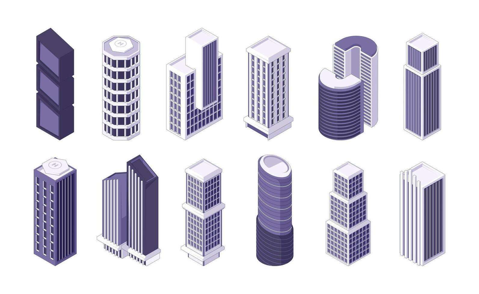 isométrica rascacielos moderno ciudad edificios en isometría, residencial Departamento negocio oficina torres plano estilo paisaje urbano concepto. vector conjunto