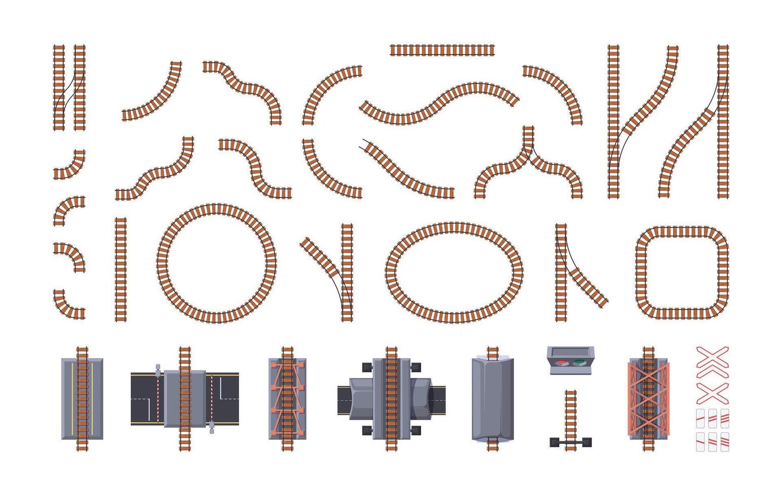 Railway constructor. Train crossing railway tracks and road intersection, metro subway line and crossroad, tram wagon and overhead bridge construction. Vector set