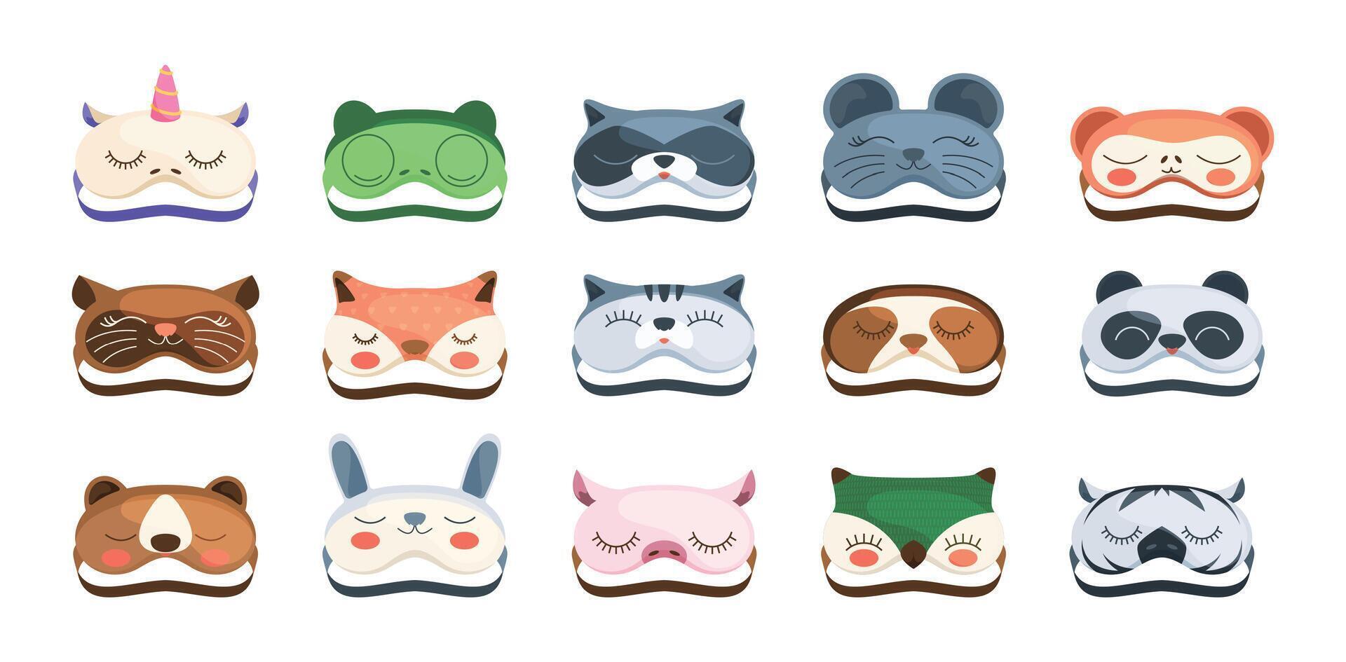 Animal sleeping mask. Cartoon sleepy faces of cute animals, nap sleepy frogs, cute puppies and kittens in face masks. Vector sleep cartoon set