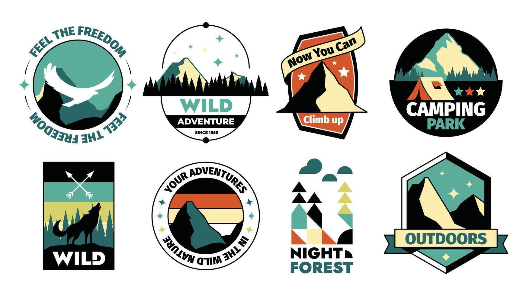 Vintage outdoor logo. Premium badge for outdoors recreation, national park reserve sticker, tranquility trip emblem. Vector hipster badge set