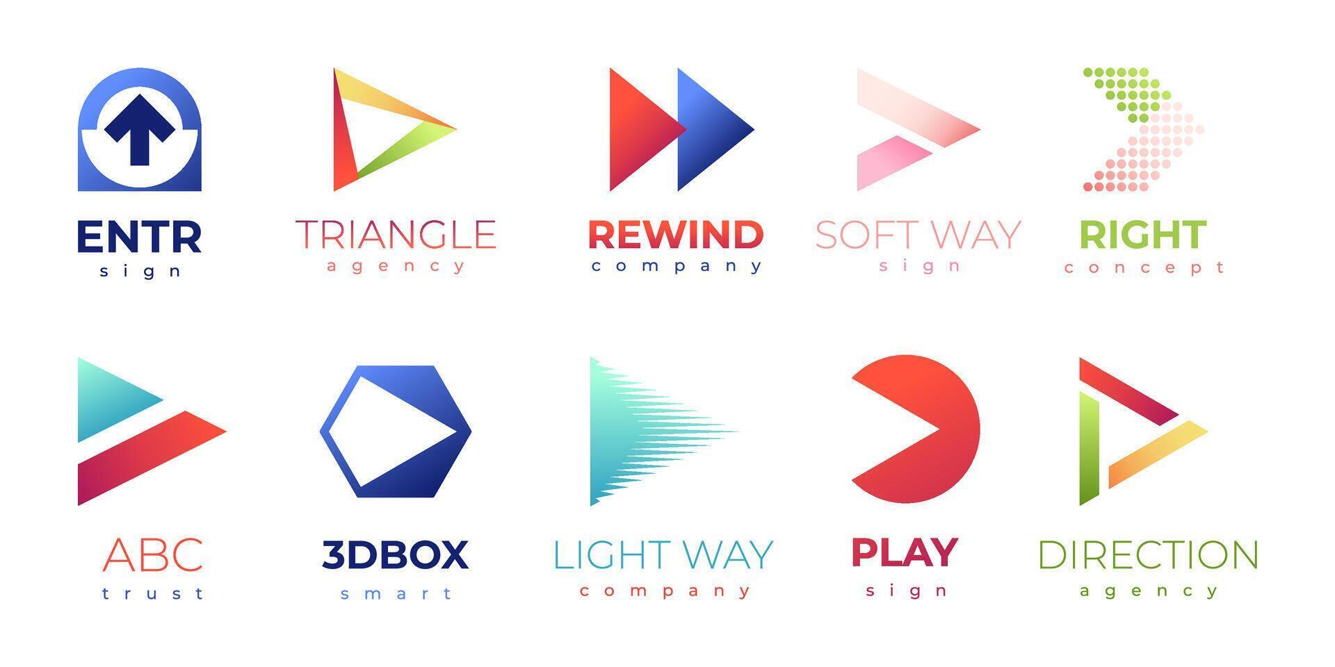 Forward logo sign. Abstract gradient arrows with text for logotype material design, creative play button symbol, renewable energy icon flat style. Vector collection