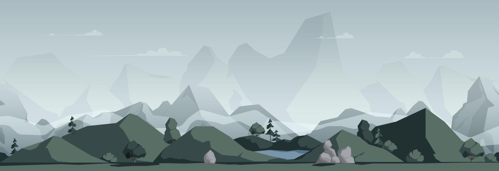 Mountain landscape. Winter nord landscape with snow peaks, outcast rocky scandinavian scenery and spring grassy meadows. Vector panoramic illustration