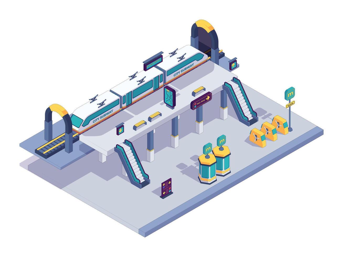 Isometric subway station. Railway passenger platform for train departure and arrival, city underground infrastructure. Vector illustration