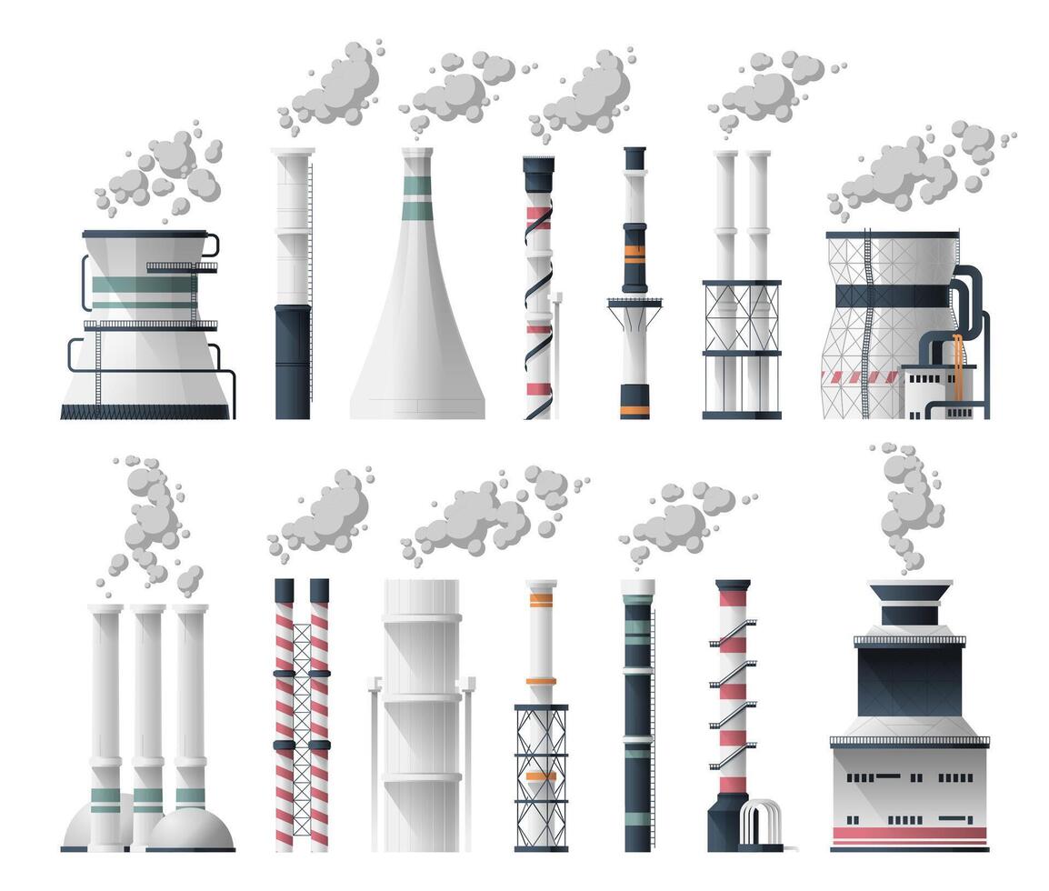 Industrial chimney. Cartoon coal smoke stack with gas exhaust pipe, industrial refinery smokestack with toxic fumes, eco power plant. Vector set