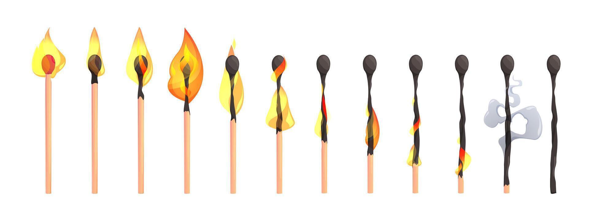 Burning match animation. Matchstick burnout stages, sequence steps of stick with sulfur combustion, cartoon animated kit. Vector isolated set