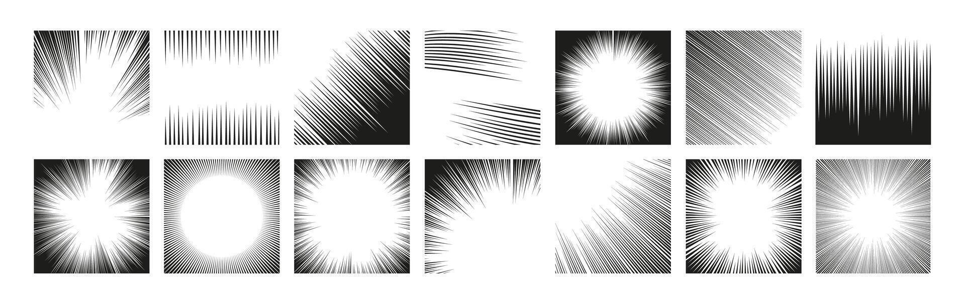 Cartoon radial frame. Manga comic strip and action anime motion graphic asset, burst effect, speed and velocity graphic elements. Vector isolated set
