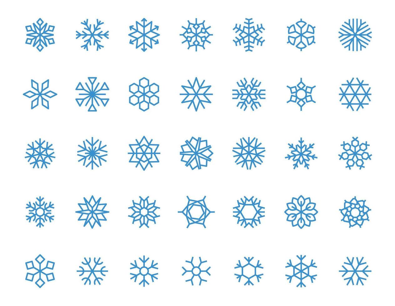Blue snowflake icons. Winter frozen snowflakes Christmas New year holiday decoration, abstract frosty geometric shapes. Vector isolated collection