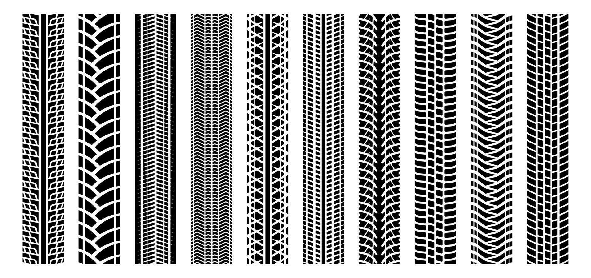 Car tire traces. Rubber car wheel tracks and skidding tire marks. Winter automobile driving rubber tire effect vector set