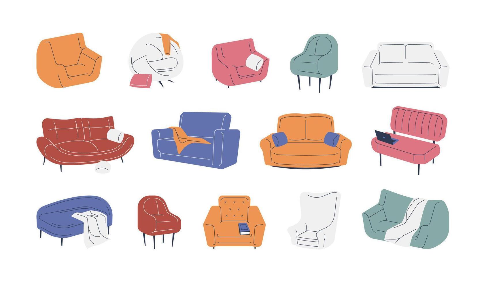 Sofas and armchairs. Modern cozy soft home furniture, colorful upholstered couch chair elements for room interior decoration. Vector cartoon set