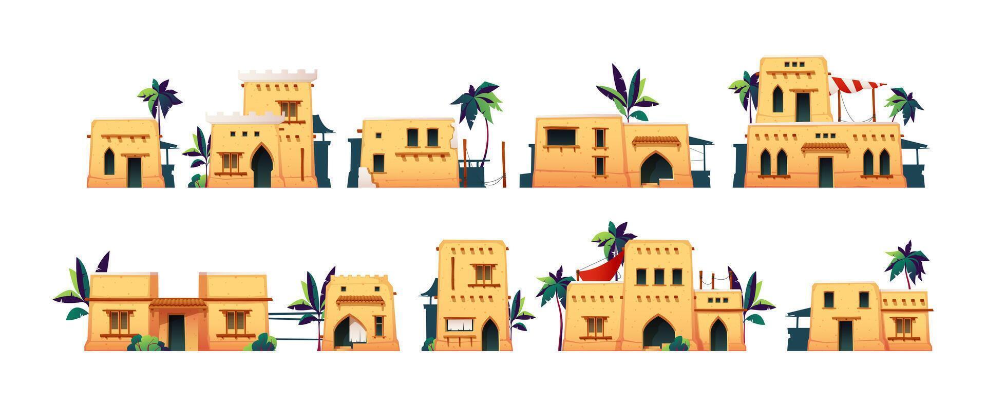 Arábica casas antiguo árabe residencial edificios dibujos animados estilo, Desierto patrimonio paisaje con tradicional pueblo construcción de arena fachada. vector conjunto