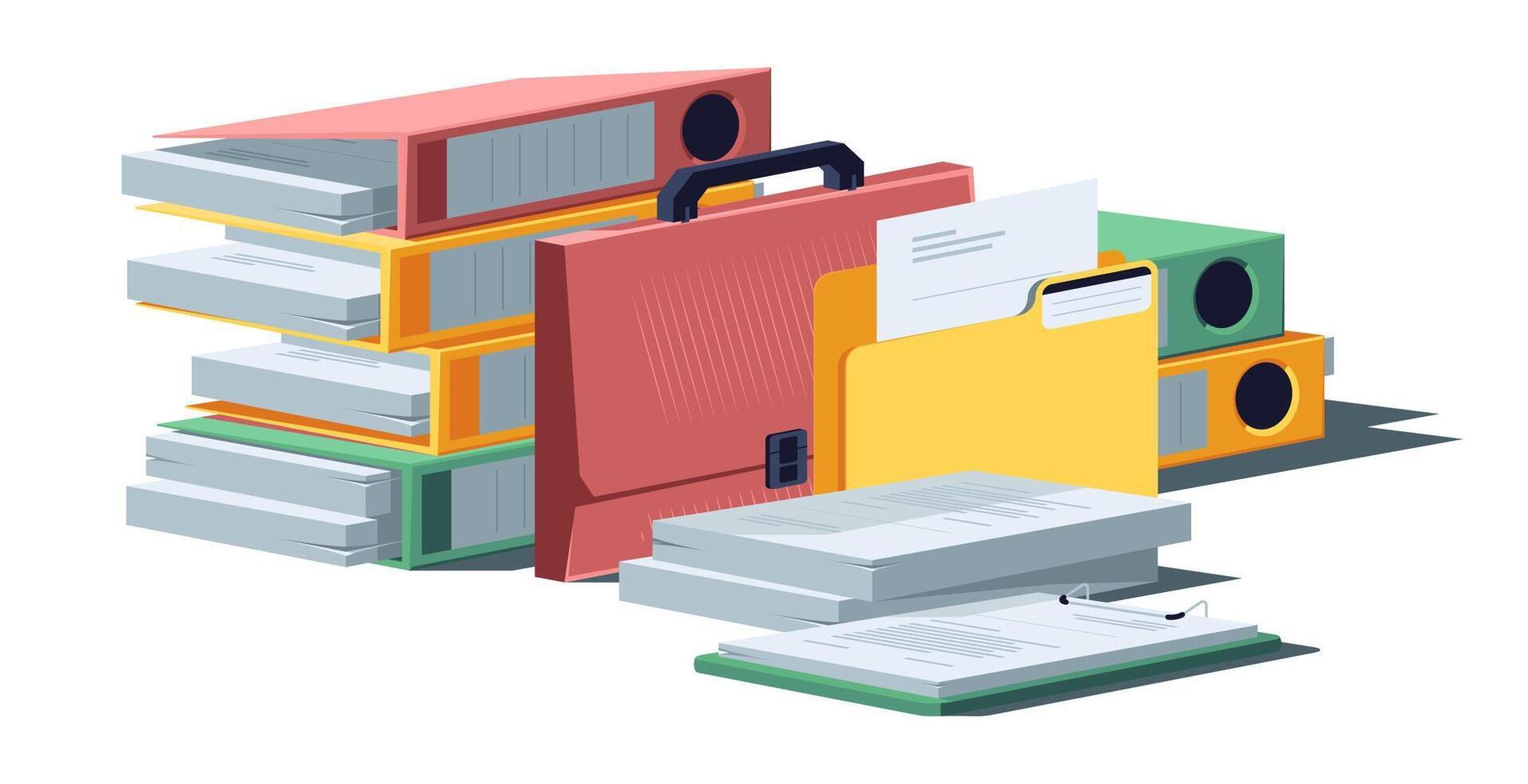 Document pile. Stacked paper sheets, messy office stationary with paper folder, chaotic paperwork. Vector isolated set