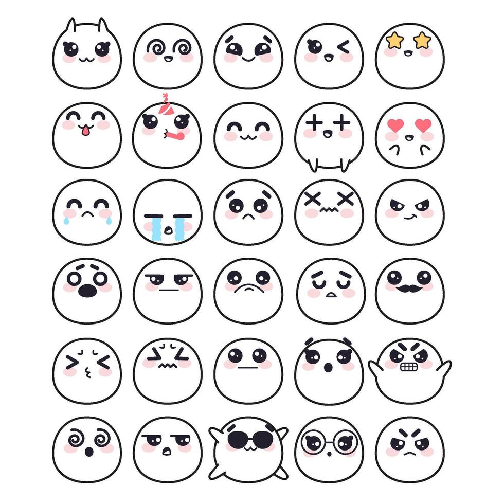 Kawaii cute faces emotion collection line art vector